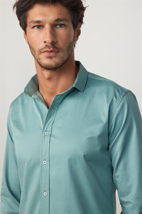 Slim Fit Uzun Kollu Likralı Düz Pamuk Saten Yeşil Erkek Gömlek