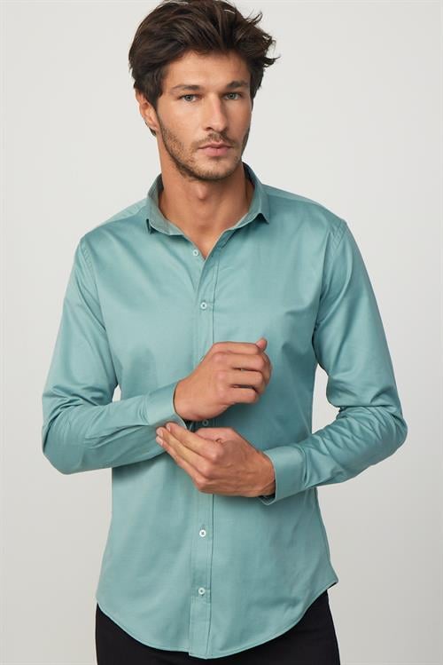 Slim Fit Uzun Kollu Likralı Düz Pamuk Saten Yeşil Erkek Gömlek