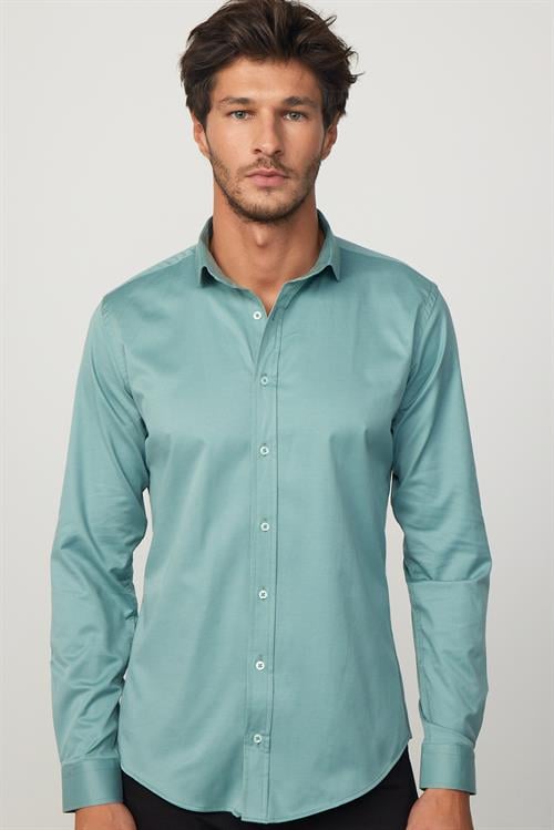 Slim Fit Uzun Kollu Likralı Düz Pamuk Saten Yeşil Erkek Gömlek