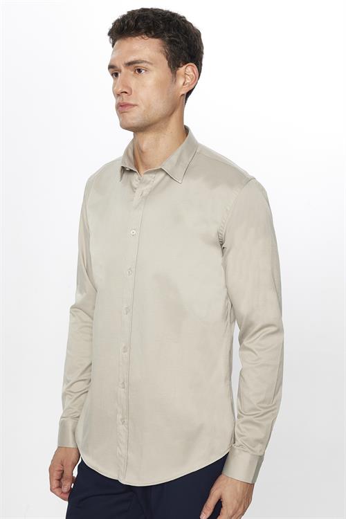 Erkek Slim Fit Dar Kesim Uzun Kollu Pamuklu Saten Taş Renk Gömlek