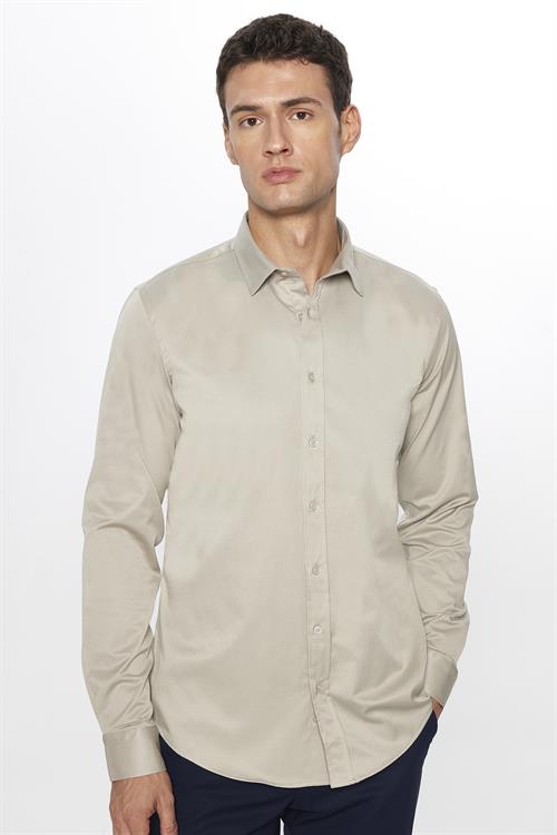 Erkek Slim Fit Dar Kesim Uzun Kollu Pamuklu Saten Taş Renk Gömlek