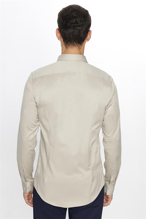 Erkek Slim Fit Dar Kesim Uzun Kollu Pamuklu Saten Taş Renk Gömlek