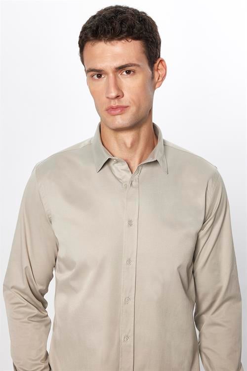 Erkek Slim Fit Dar Kesim Uzun Kollu Pamuklu Saten Taş Renk Gömlek