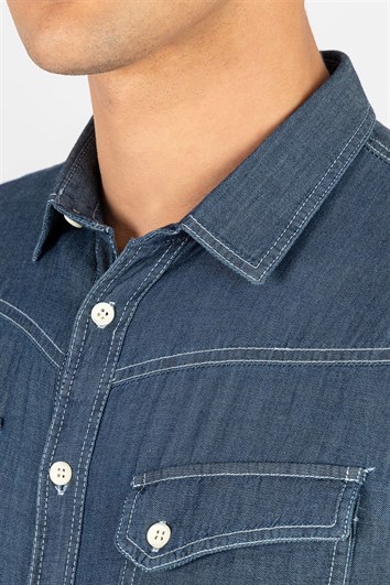 Slim Fit Uzun Kollu Dar Kesim Çift Cep Denim Kot Erkek Mavi Gömlek