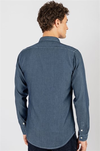 Slim Fit Uzun Kollu Dar Kesim Çift Cep Denim Kot Erkek Mavi Gömlek