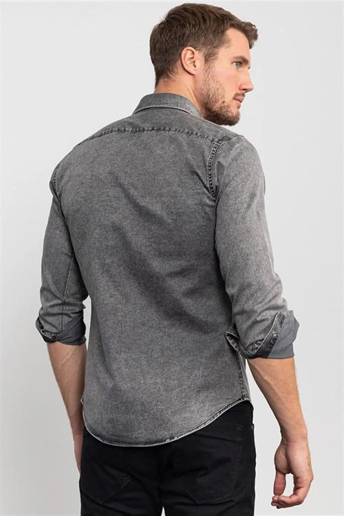 Slim Fit Uzun Kollu Dar Kesim Gündelik Denim Kot Erkek Gri Gömlek