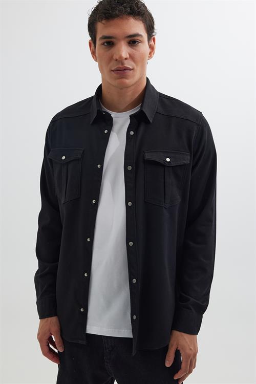 Slim Fit Uzun Kollu Dar Kesim Denim Kot Çift Cepli Spor Yaka Erkek Siyah Gömlek
