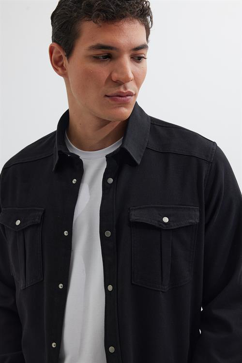 Slim Fit Uzun Kollu Dar Kesim Denim Kot Çift Cepli Spor Yaka Erkek Siyah Gömlek