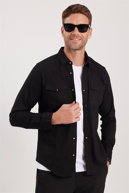 Slim Fit Uzun Kollu Gündelik Denim Kot Erkek Siyah Gömlek