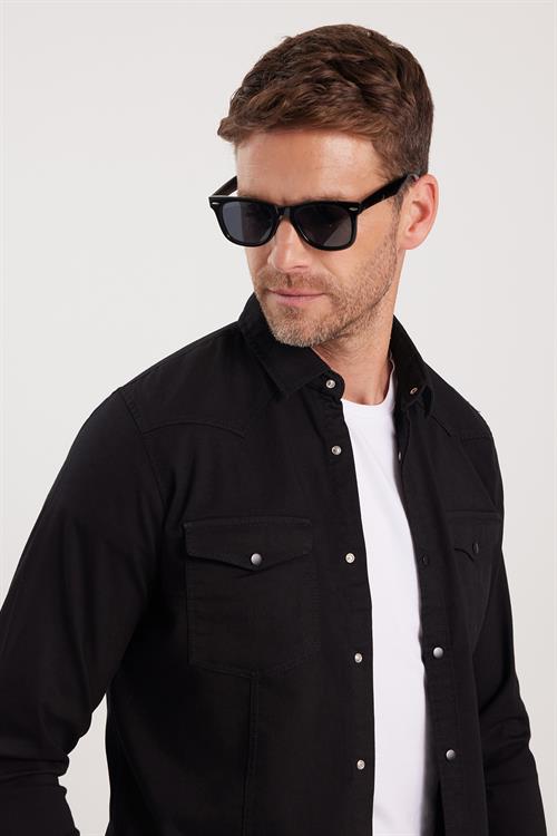Slim Fit Uzun Kollu Gündelik Denim Kot Erkek Siyah Gömlek