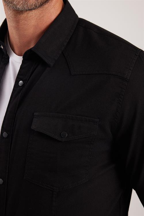 Slim Fit Uzun Kollu Gündelik Denim Kot Erkek Siyah Gömlek