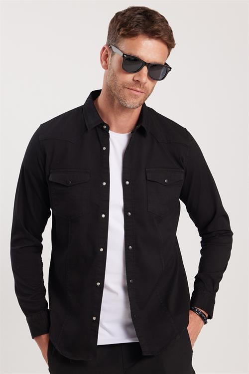 Slim Fit Uzun Kollu Gündelik Denim Kot Erkek Siyah Gömlek
