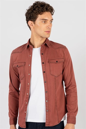 Slim Fit Uzun Kollu Gündelik Denim Kot Erkek Bordo Gömlek