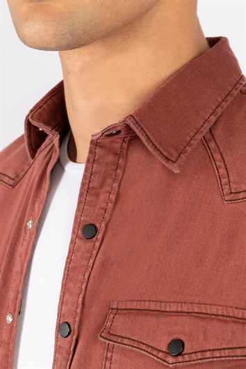 Slim Fit Uzun Kollu Gündelik Denim Kot Erkek Bordo Gömlek
