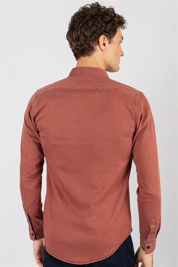 Slim Fit Uzun Kollu Gündelik Denim Kot Erkek Bordo Gömlek