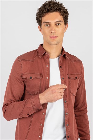 Slim Fit Uzun Kollu Gündelik Denim Kot Erkek Bordo Gömlek