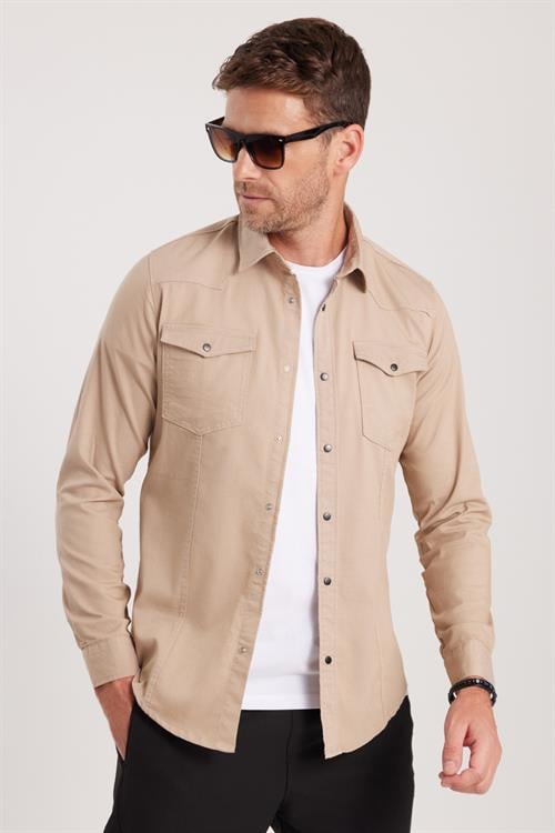 Slim Fit Uzun Kollu Gündelik Denim Kot Erkek Taş Gömlek