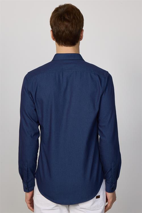 Slim Fit Uzun Kollu Gündelik Denim Kot Lacivert Erkek Gömlek