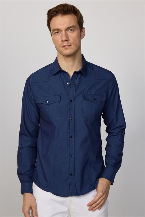 Slim Fit Uzun Kollu Gündelik Denim Kot Lacivert Erkek Gömlek