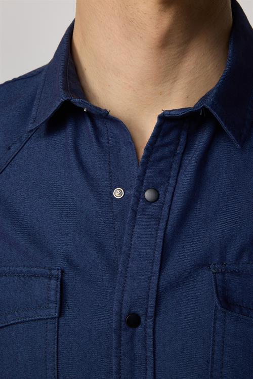 Slim Fit Uzun Kollu Gündelik Denim Kot Lacivert Erkek Gömlek