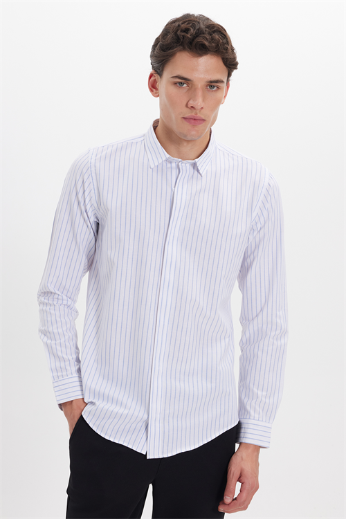 Slim Fit Uzun Kollu Pamuklu Kolay Ütü Çizgili Erkek Beyaz Gömlek