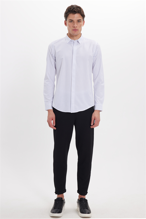 Slim Fit Uzun Kollu Pamuklu Kolay Ütü Çizgili Erkek Beyaz Gömlek