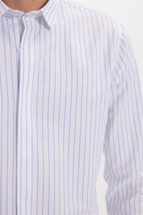 Slim Fit Uzun Kollu Pamuklu Kolay Ütü Çizgili Erkek Beyaz Gömlek