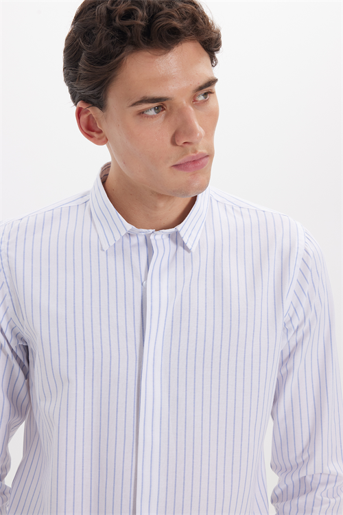 Slim Fit Uzun Kollu Pamuklu Kolay Ütü Çizgili Erkek Beyaz Gömlek