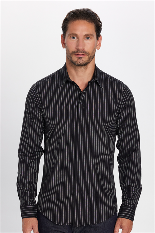 Slim Fit Uzun Kollu Pamuklu Kolay Ütü Çizgili Erkek Siyah Lacivert Gömlek