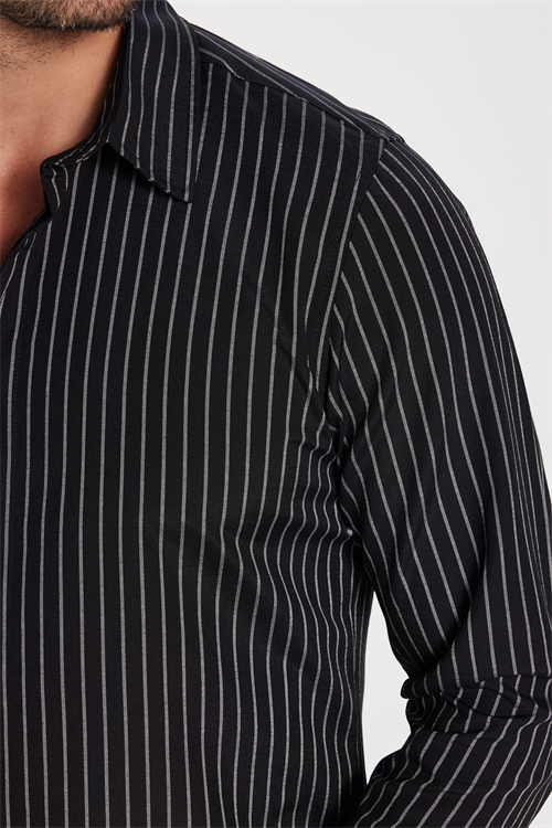 Slim Fit Uzun Kollu Pamuklu Kolay Ütü Çizgili Erkek Siyah Lacivert Gömlek