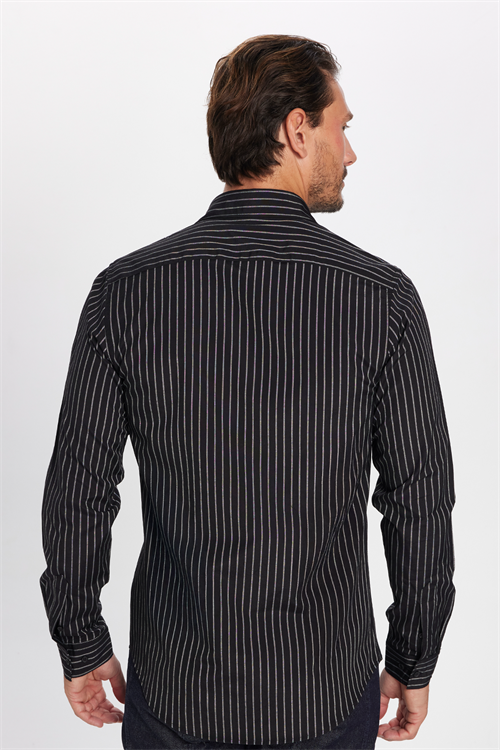 Slim Fit Uzun Kollu Pamuklu Kolay Ütü Çizgili Erkek Siyah Lacivert Gömlek