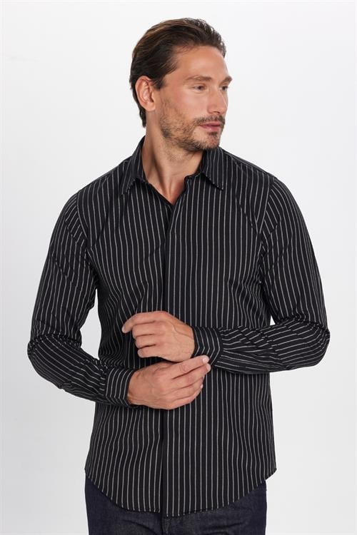Slim Fit Uzun Kollu Pamuklu Kolay Ütü Çizgili Erkek Siyah Lacivert Gömlek