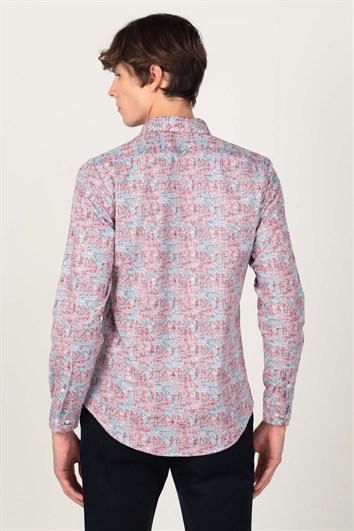 Slim Fit Uzun Kollu Düğmeli Yaka Desenli Pamuklu Kolay Ütü Erkek Gömlek