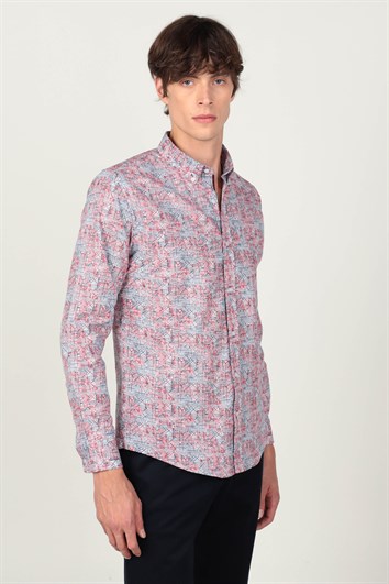 Slim Fit Uzun Kollu Düğmeli Yaka Desenli Pamuklu Kolay Ütü Erkek Gömlek