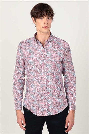 Slim Fit Uzun Kollu Düğmeli Yaka Desenli Pamuklu Kolay Ütü Erkek Gömlek