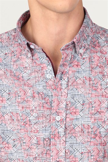 Slim Fit Uzun Kollu Düğmeli Yaka Desenli Pamuklu Kolay Ütü Erkek Gömlek