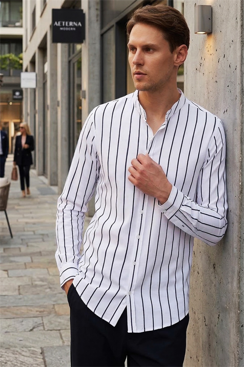 Slim Fit Uzun Kollu Hakim Yaka Pamuklu Kolay Ütü Çizgili Erkek Beyaz Gömlek
