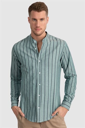 Slim Fit Uzun Kollu Hakim Yaka Pamuklu Kolay Ütü Çizgili Erkek Yeşil Gömlek