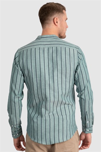 Slim Fit Uzun Kollu Hakim Yaka Pamuklu Kolay Ütü Çizgili Erkek Yeşil Gömlek