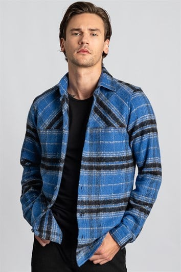 Slim Fit Uzun Kollu Kareli Kışlık Oduncu Parçalı Model Unisex Mavi Gömlek