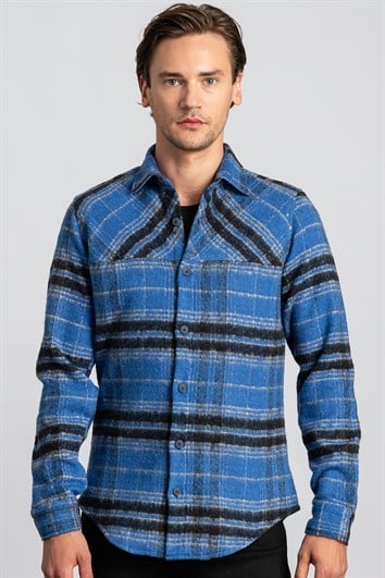 Slim Fit Uzun Kollu Kareli Kışlık Oduncu Parçalı Model Unisex Mavi Gömlek