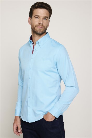 Erkek Slim Fit Dar Kesim Uzun Kollu Pamuklu Oxford Doku Kolay Ütülenebilir Mint Düğmeli Yaka Gömlek
