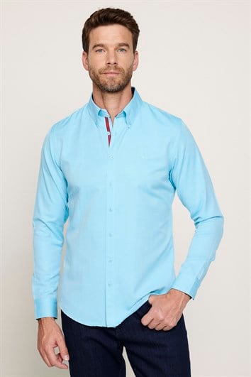 Erkek Slim Fit Dar Kesim Uzun Kollu Pamuklu Oxford Doku Kolay Ütülenebilir Mint Düğmeli Yaka Gömlek