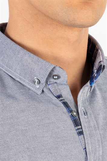 Erkek Slim Fit Dar Kesim Uzun Kollu Pamuklu Oxford Doku Kolay Ütülenebilir Gri Düğmeli Yaka Gömlek