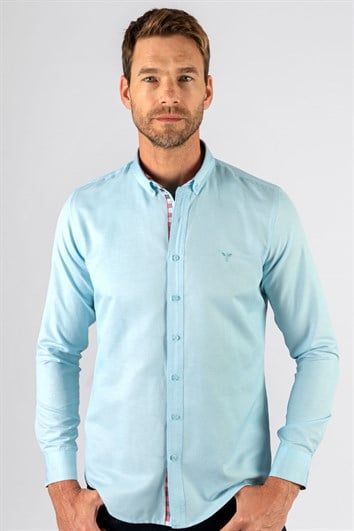 Erkek Slim Fit Dar Kesim Uzun Kollu Pamuklu Oxford Doku Turkuaz Düğmeli Yaka Gömlek