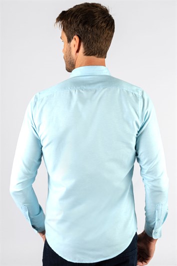 Erkek Slim Fit Dar Kesim Uzun Kollu Pamuklu Oxford Doku Turkuaz Düğmeli Yaka Gömlek