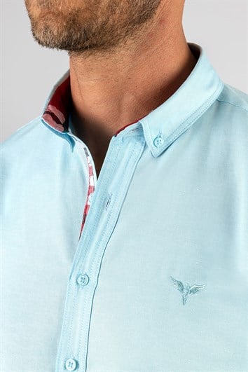 Erkek Slim Fit Dar Kesim Uzun Kollu Pamuklu Oxford Doku Turkuaz Düğmeli Yaka Gömlek
