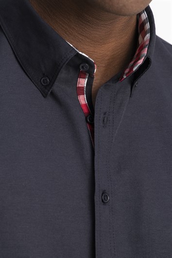 Erkek Slim Fit Dar Kesim Uzun Kollu Pamuklu Oxford Doku Lacivert Düğmeli Yaka Gömlek