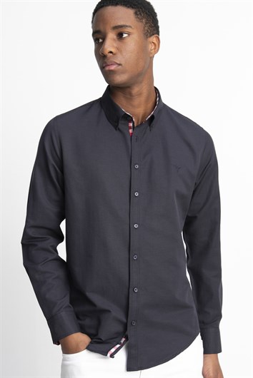 Erkek Slim Fit Dar Kesim Uzun Kollu Pamuklu Oxford Doku Lacivert Düğmeli Yaka Gömlek