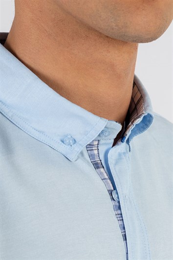 Erkek Slim Fit Dar Kesim Uzun Kollu Pamuklu Oxford Doku Kolay Ütülenebilir Mavi Düğmeli Yaka Gömlek